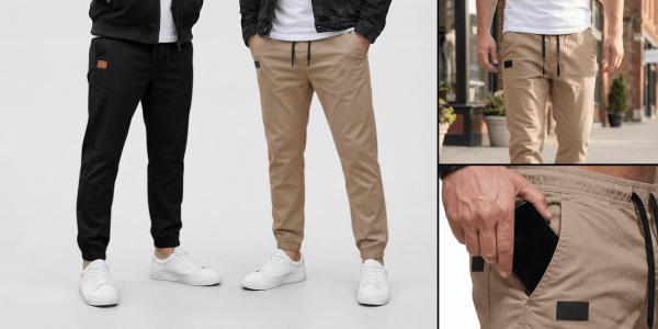 A man wearing khaki pants and a black jacket