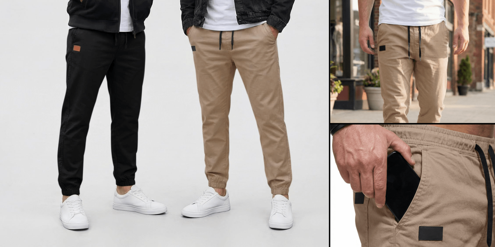 A man wearing khaki pants and a black jacket