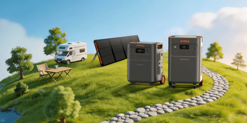 A group of portable devices in a grassy area