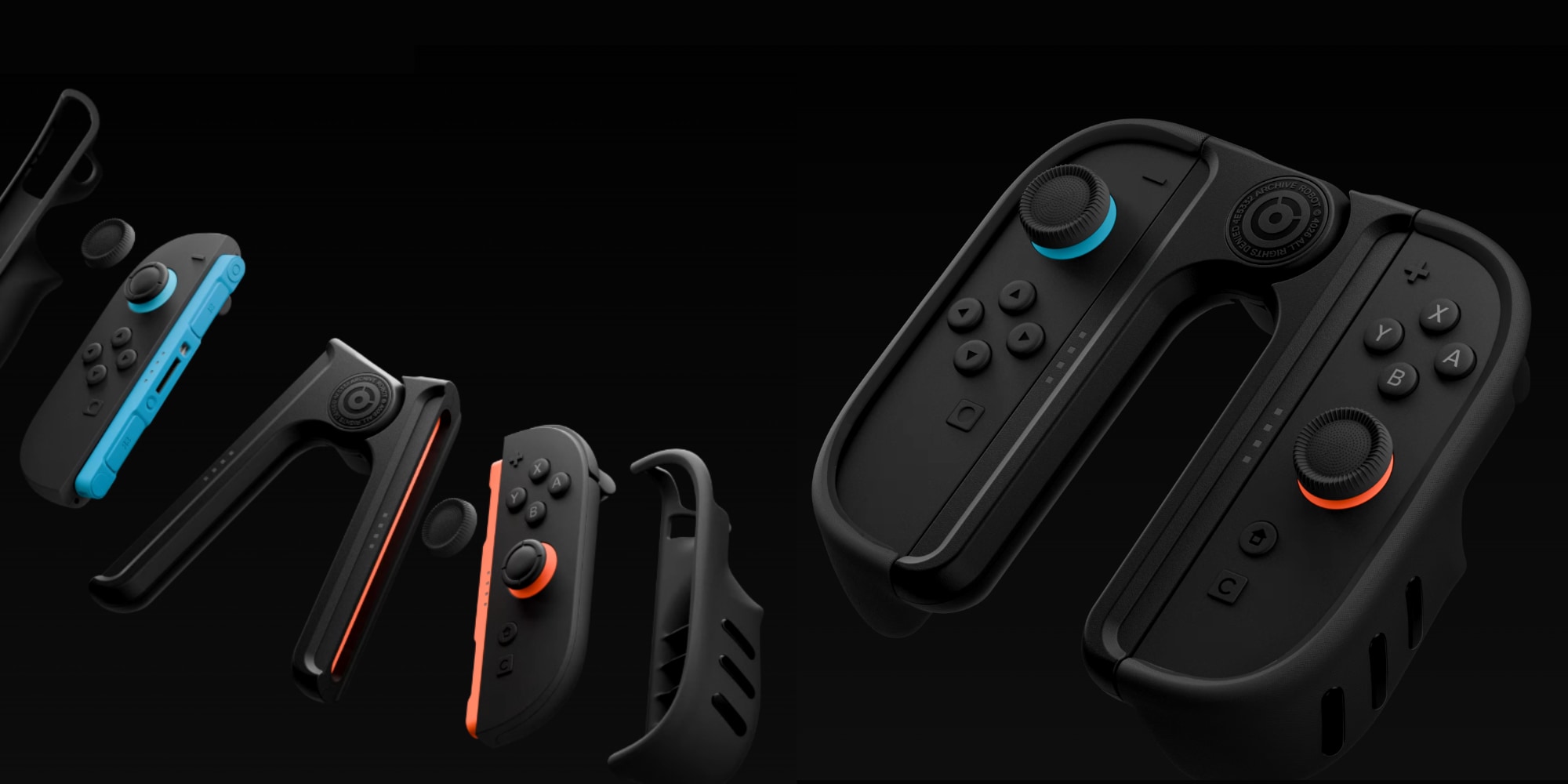 A group of black and orange gaming controllers