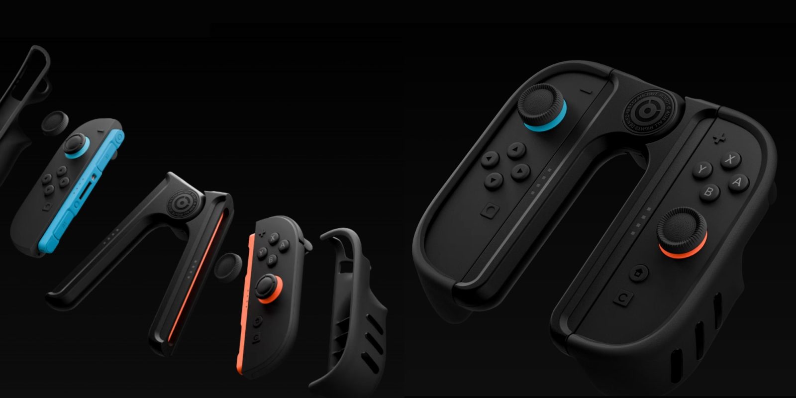 A group of black and orange gaming controllers