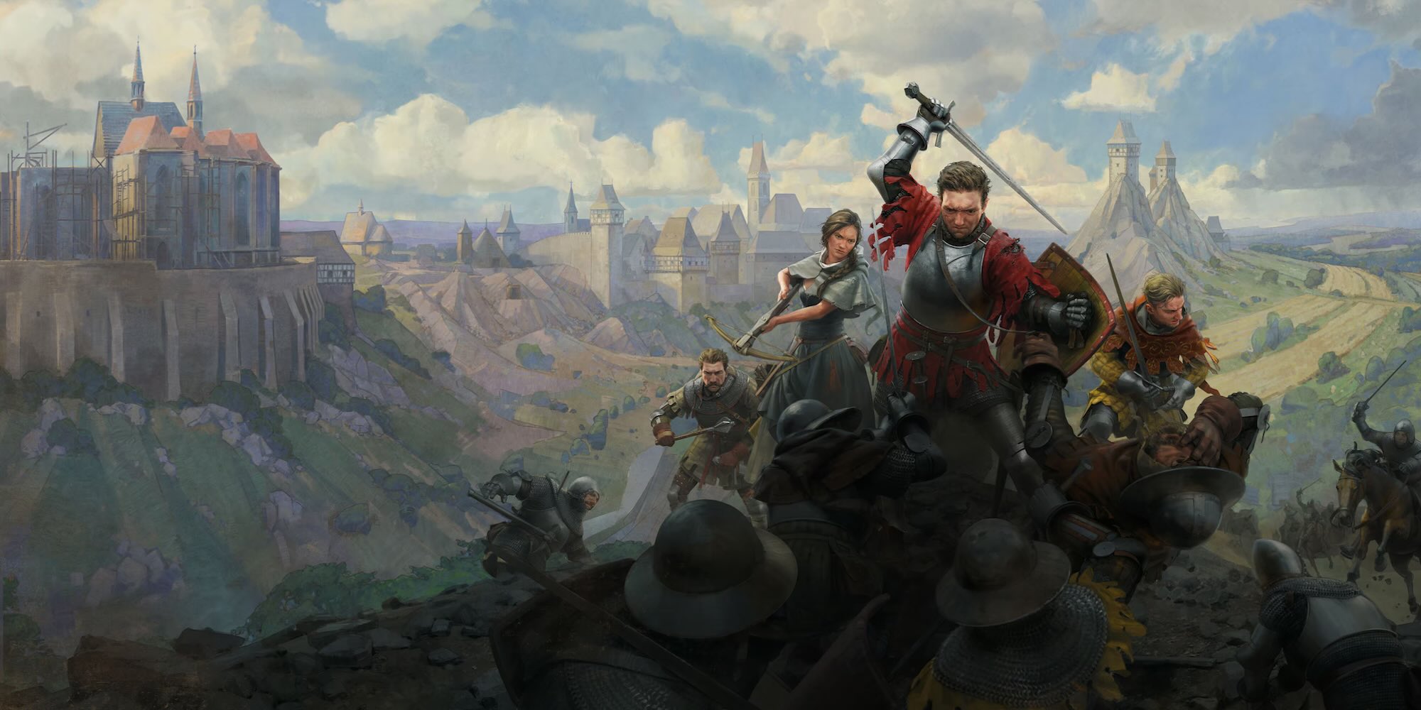 A group of people in armor with swords