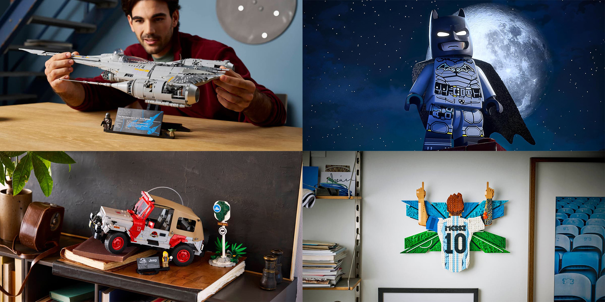 A collage of a man playing with toys