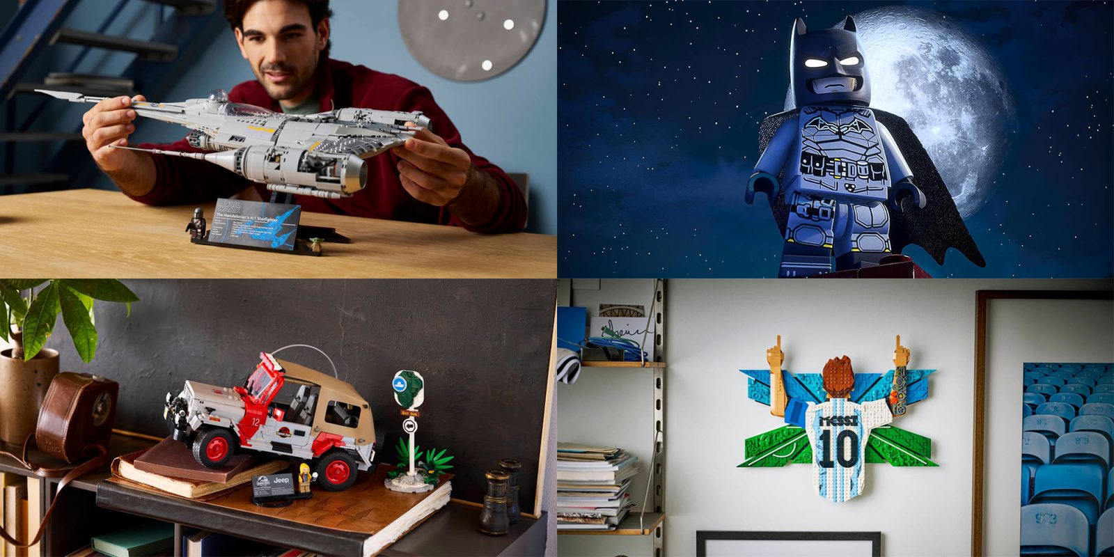 A collage of a man playing with toys