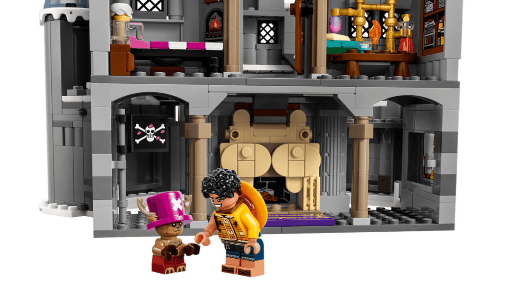 A toy building set with a man and a bear