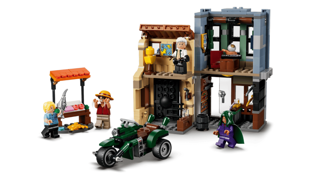 A building blocks with people and a motorcycle
