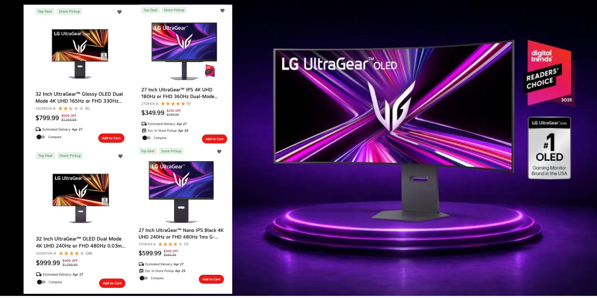 Image showing listings from LG's website.
