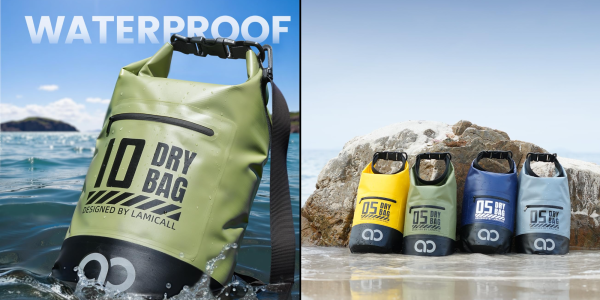 A green and yellow waterproof bag