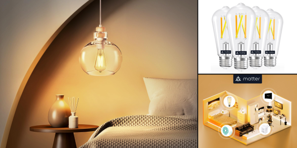 A collage of a bedroom with a light bulb and a bed