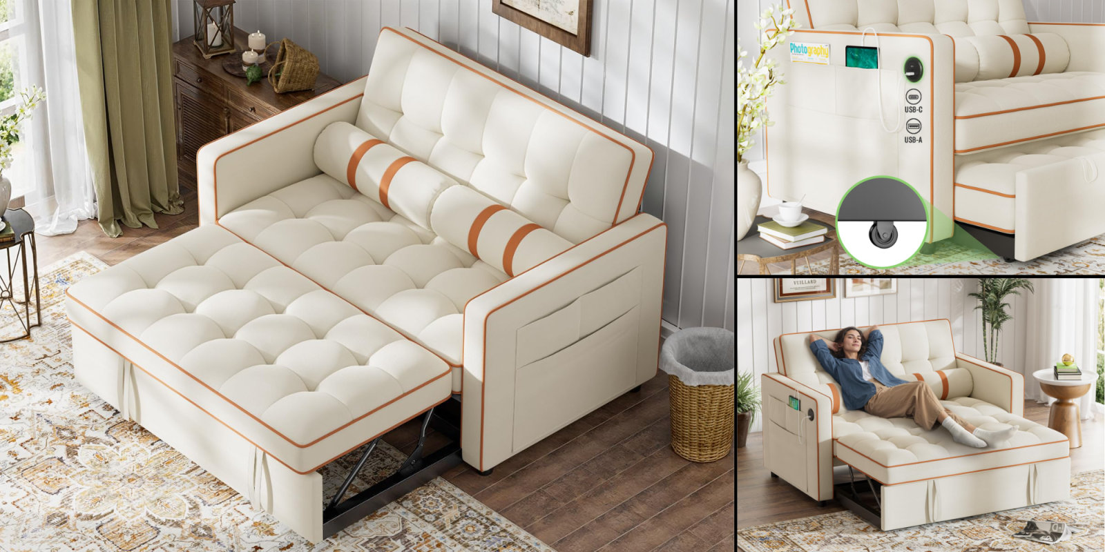 A white couch with orange accents