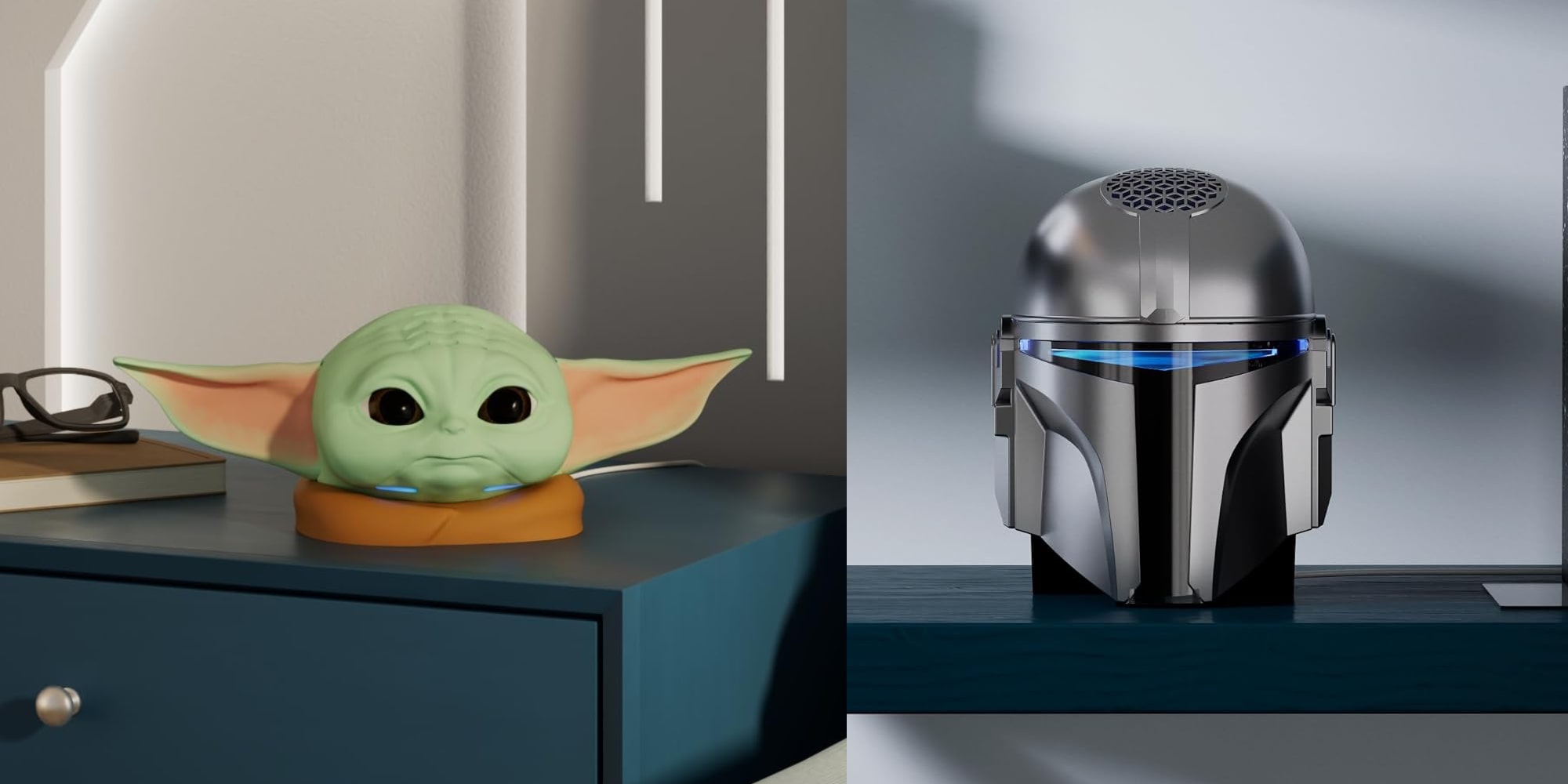 A toy head on a table next to a robot