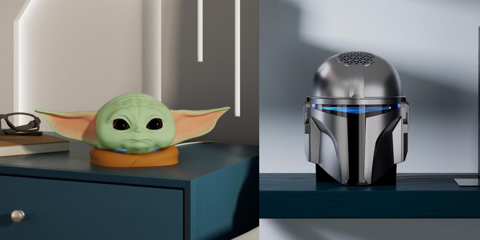 A toy head on a table next to a robot