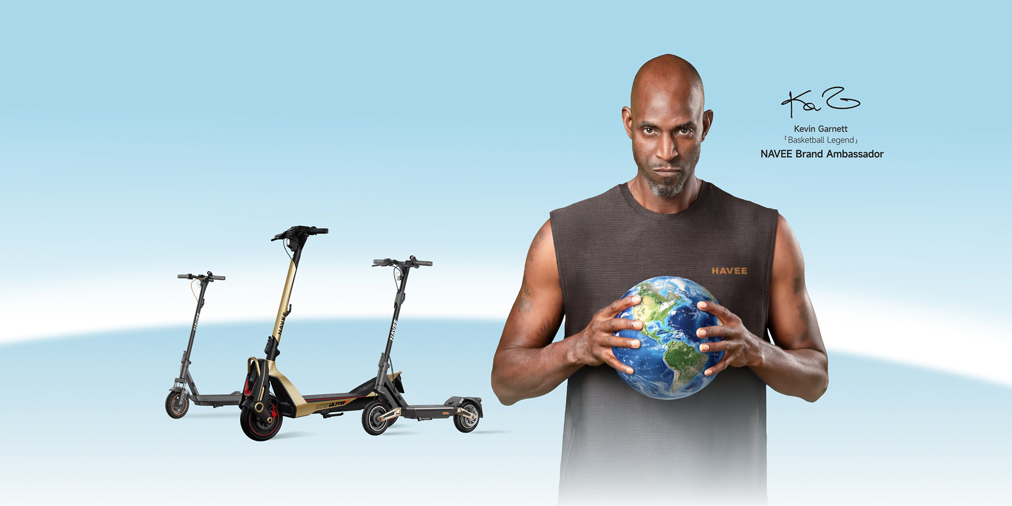 A man holding a globe in front of a scooter