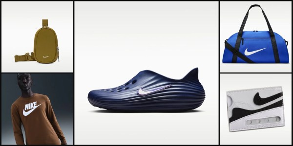 A blue shoe with a white logo