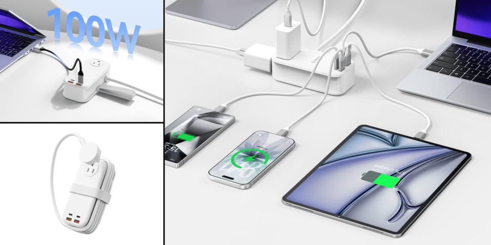 A group of cell phones connected to a power strip