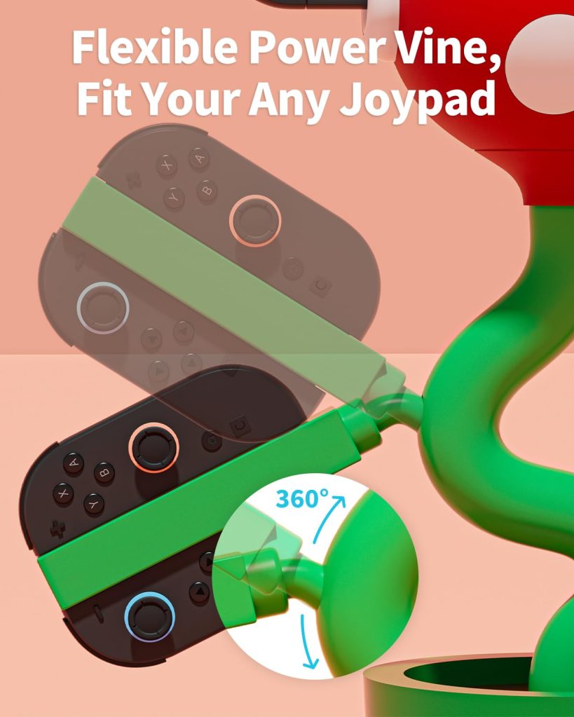 A video game controller with a green handle