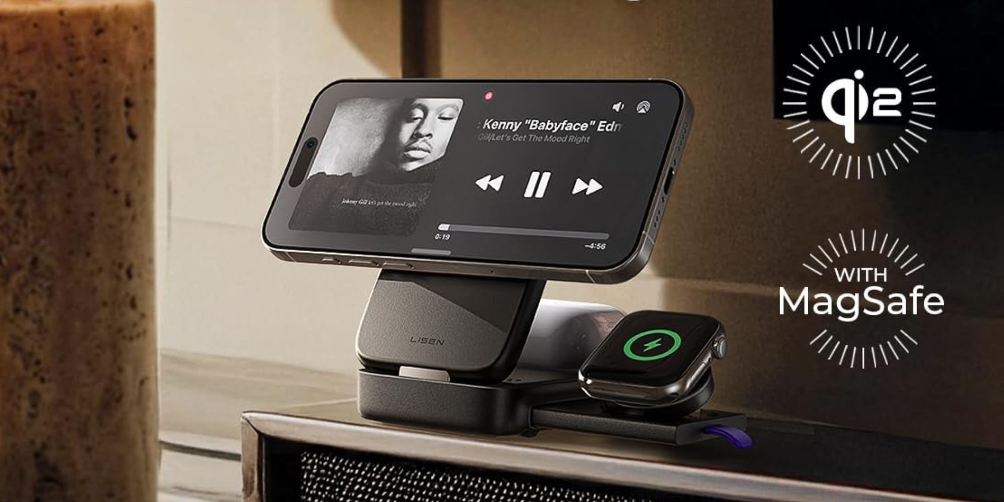 Image showing LISEN's 15W Qi2 3-in-1 charging station.