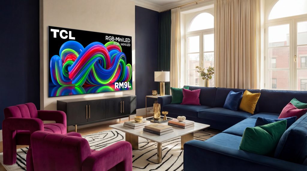 A living room with a large television and a couch