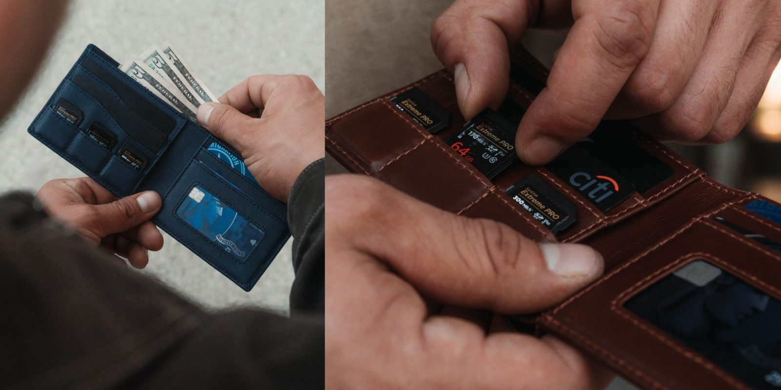 A person holding a wallet with a card in it