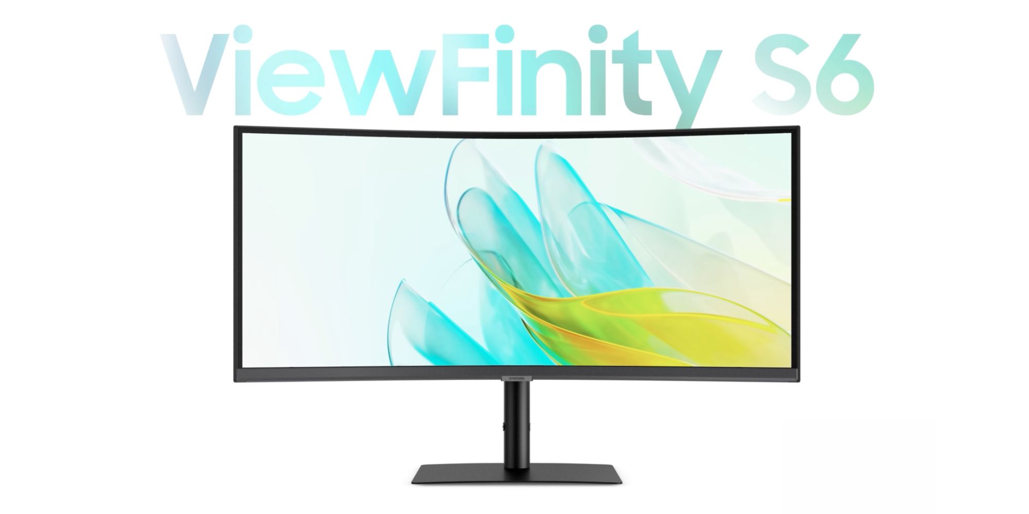 A curved monitor with a blue and yellow design