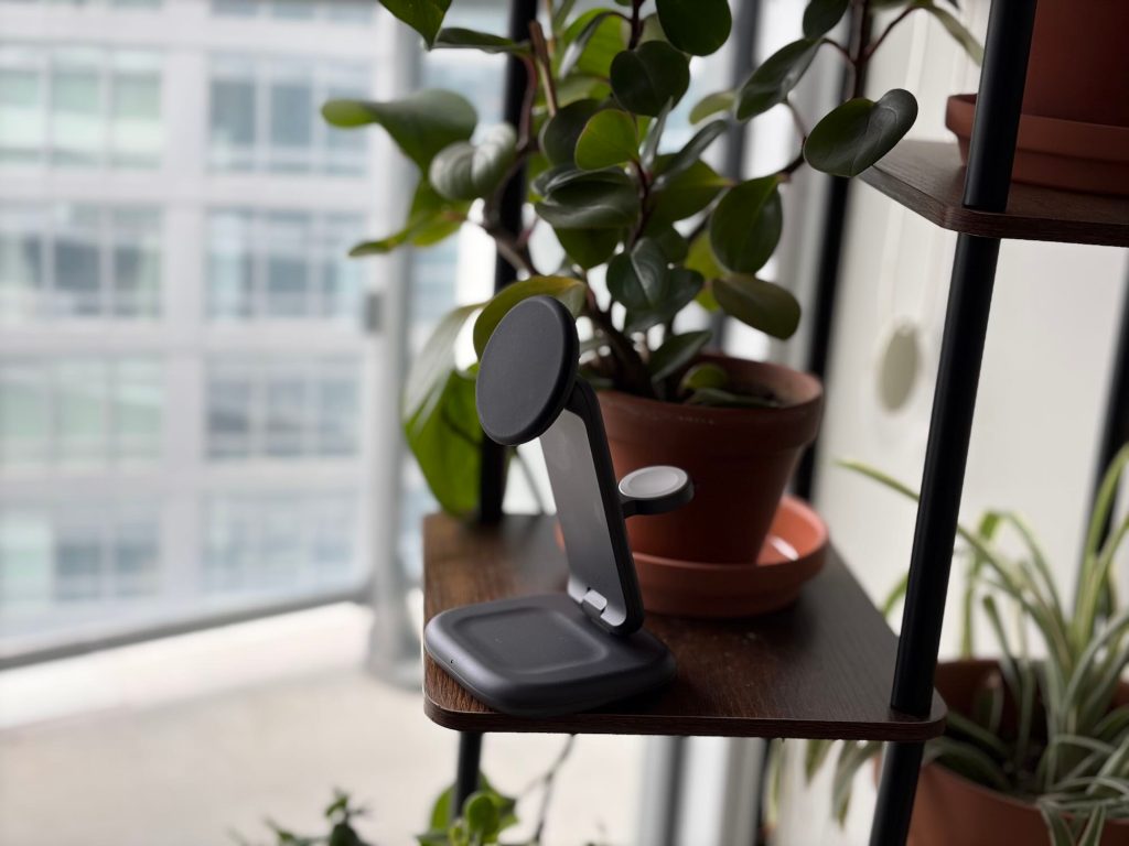 A phone holder on a shelf