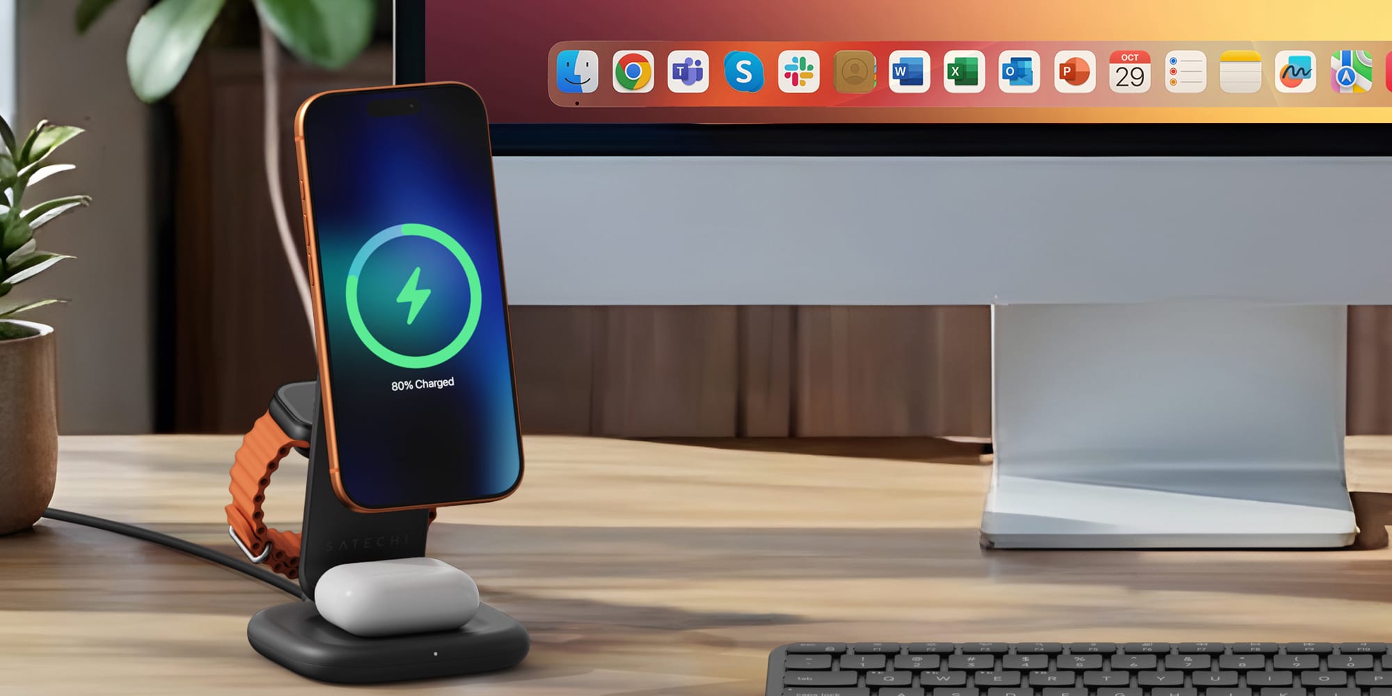 A cell phone on a charging stand