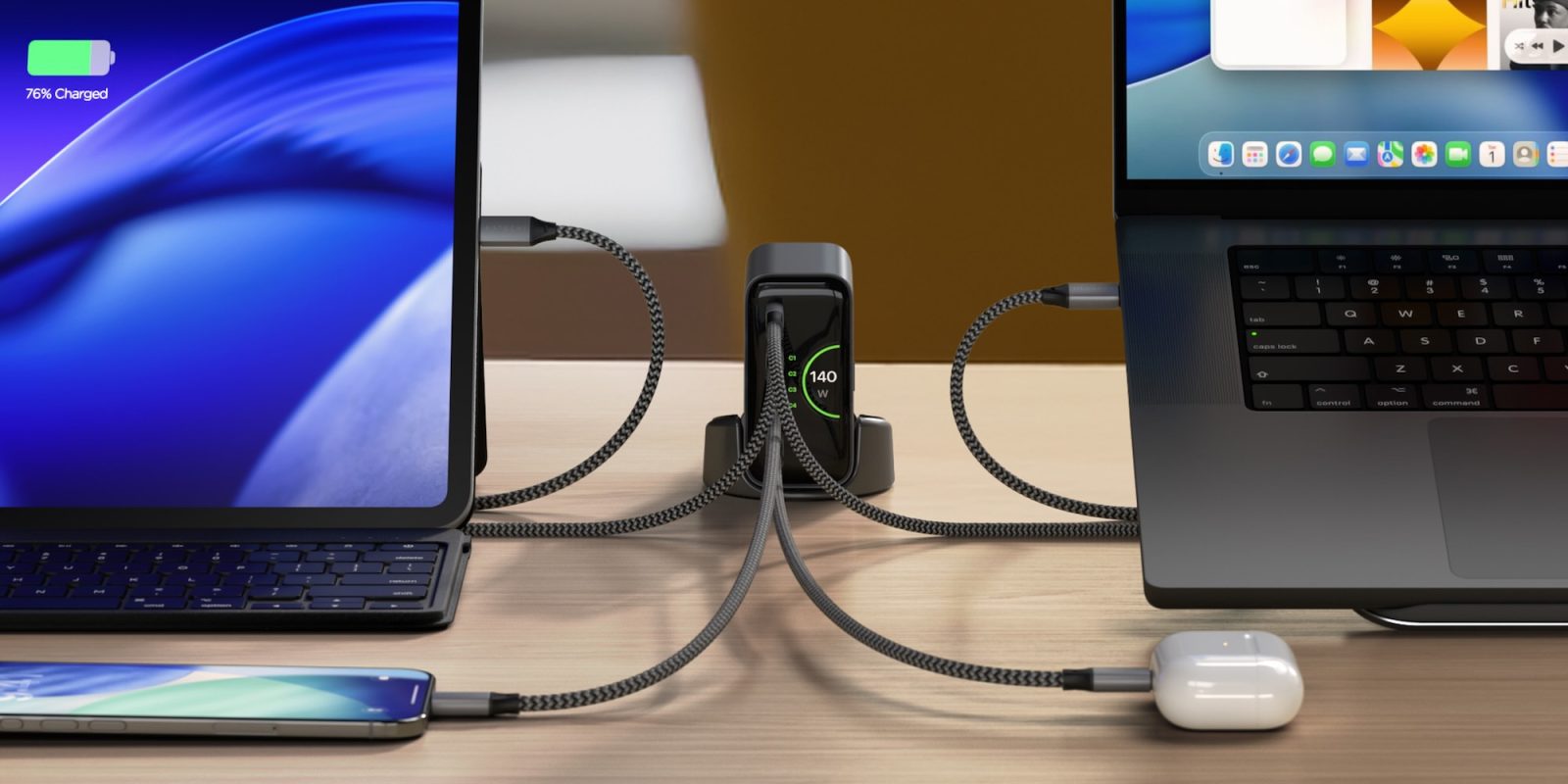 A laptops charging on a table