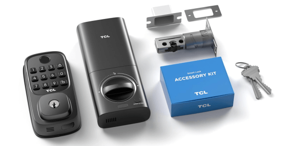 A black electronic device with a blue box