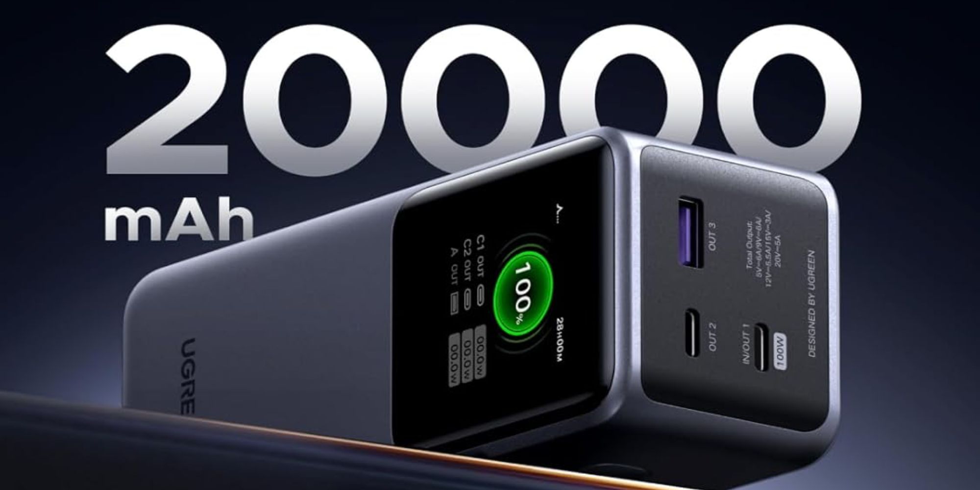 Image showing a render of UGREEN's 130W 20,000mAh power bank.
