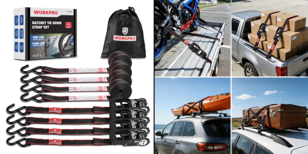 A car with a kayak and a motorcycle