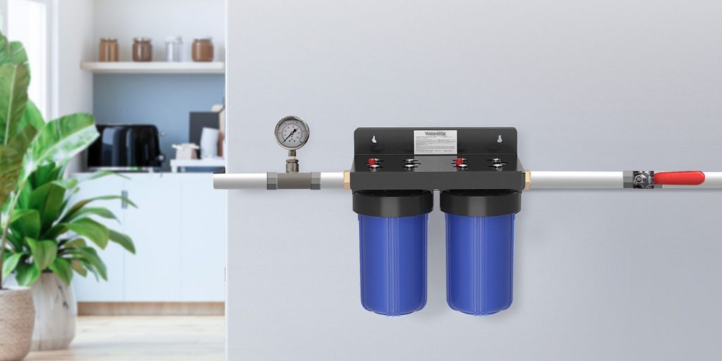 A water filter system on a wall