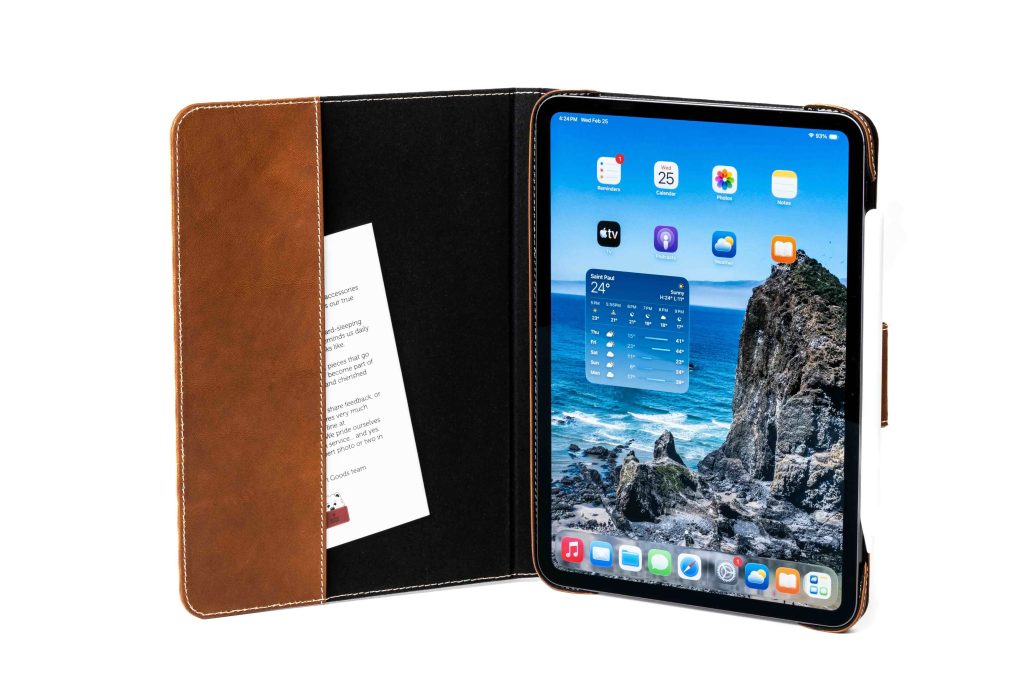 A tablet with a leather case