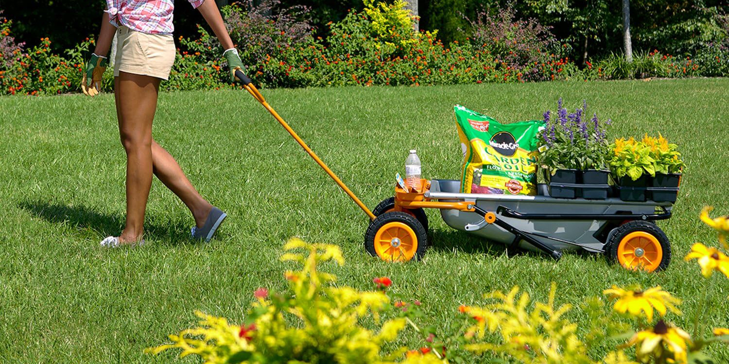A person pushing a cart with a bag of food