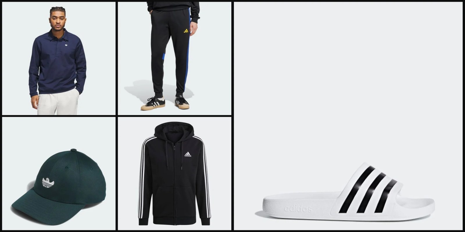 A collage of a man wearing a black jacket and pants