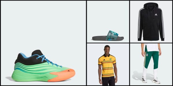 A collage of a man wearing a yellow shirt and a green and orange shoe