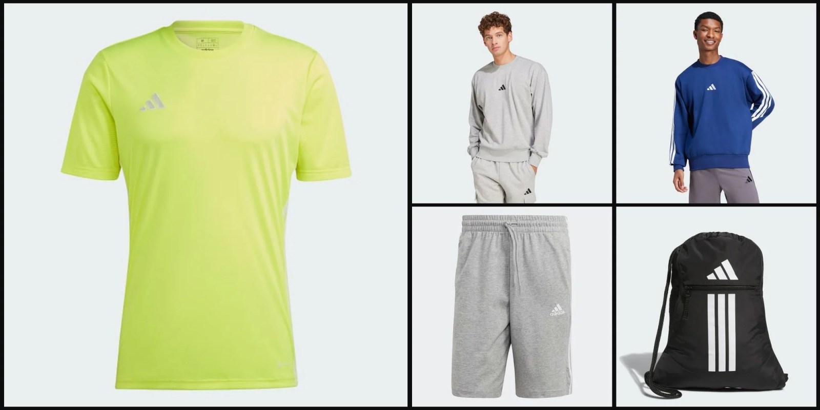 A collage of a man wearing a yellow shirt and shorts