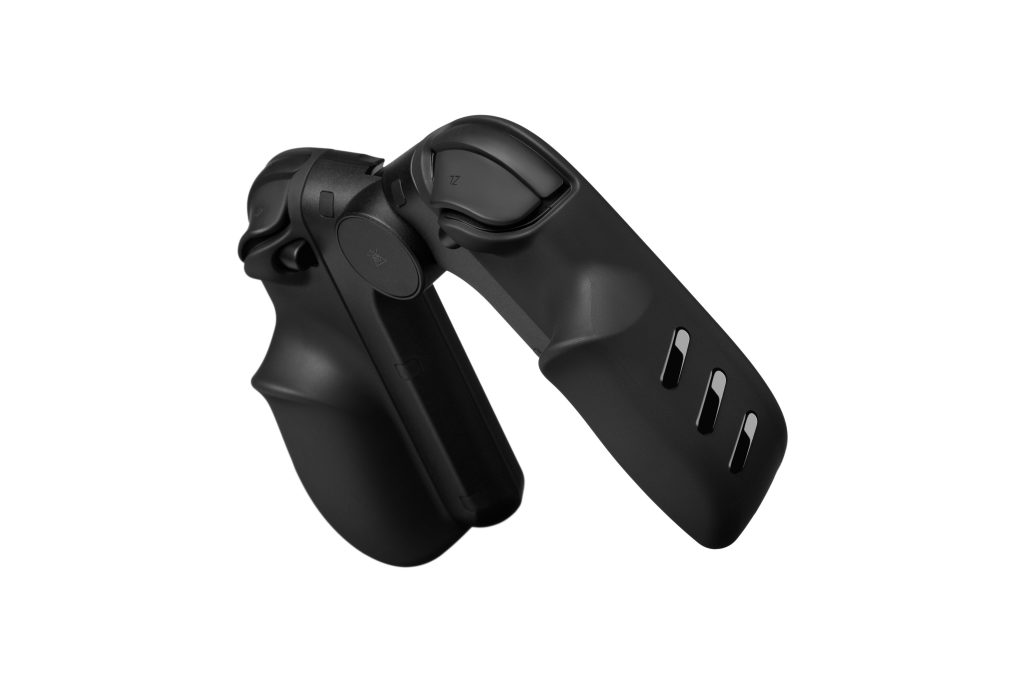 A black gaming controller with a white background