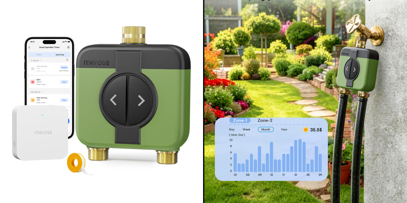 A green and black device with buttons and a garden with a chart