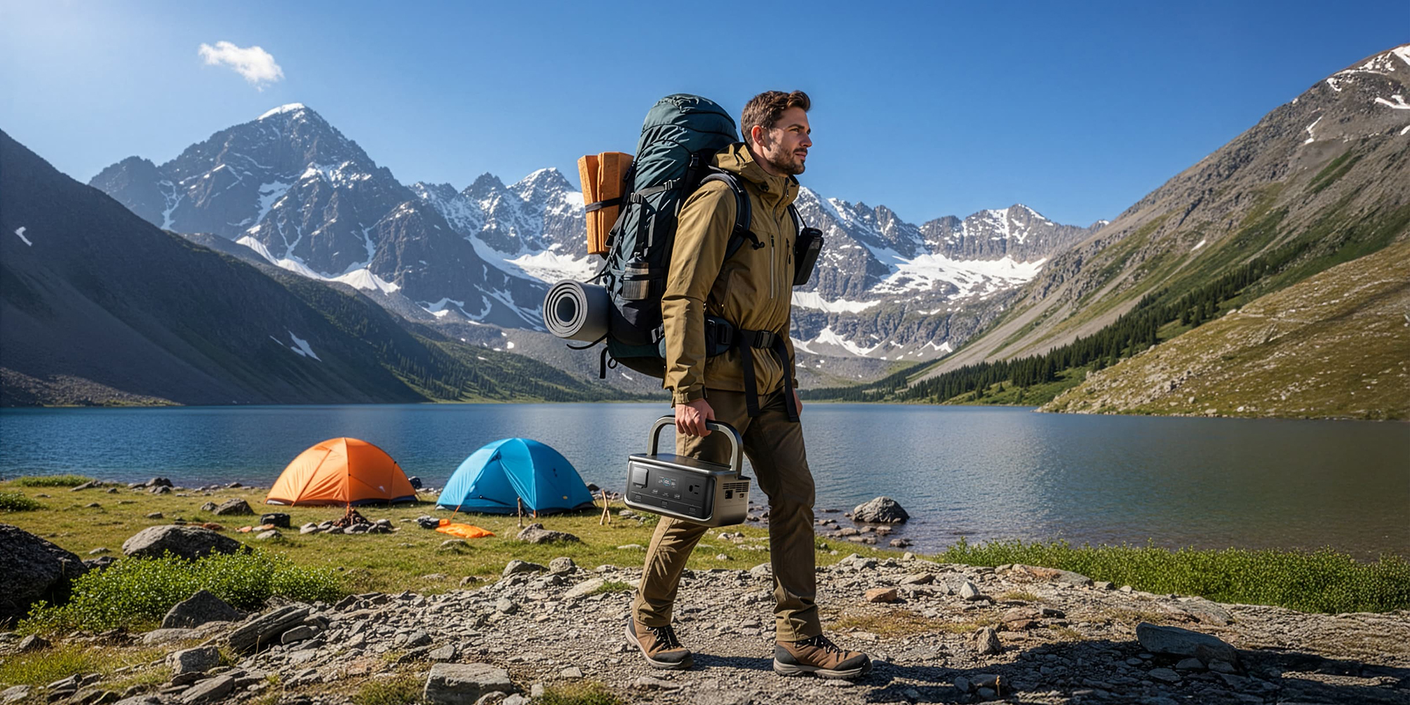 A man with a backpack and a box in front of a lake