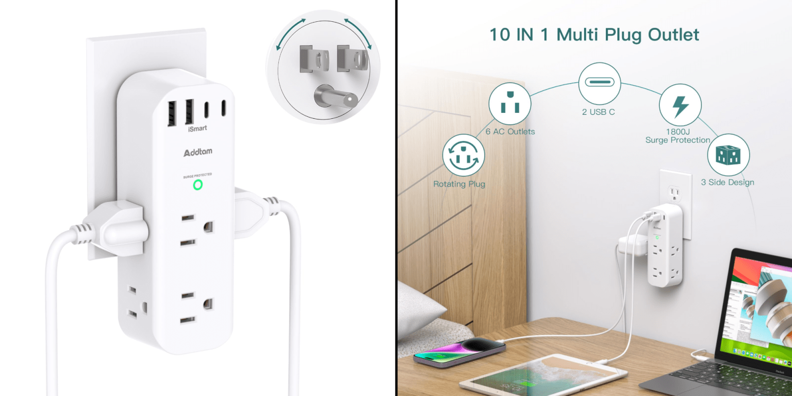 A white power strip with a cord plugged into it