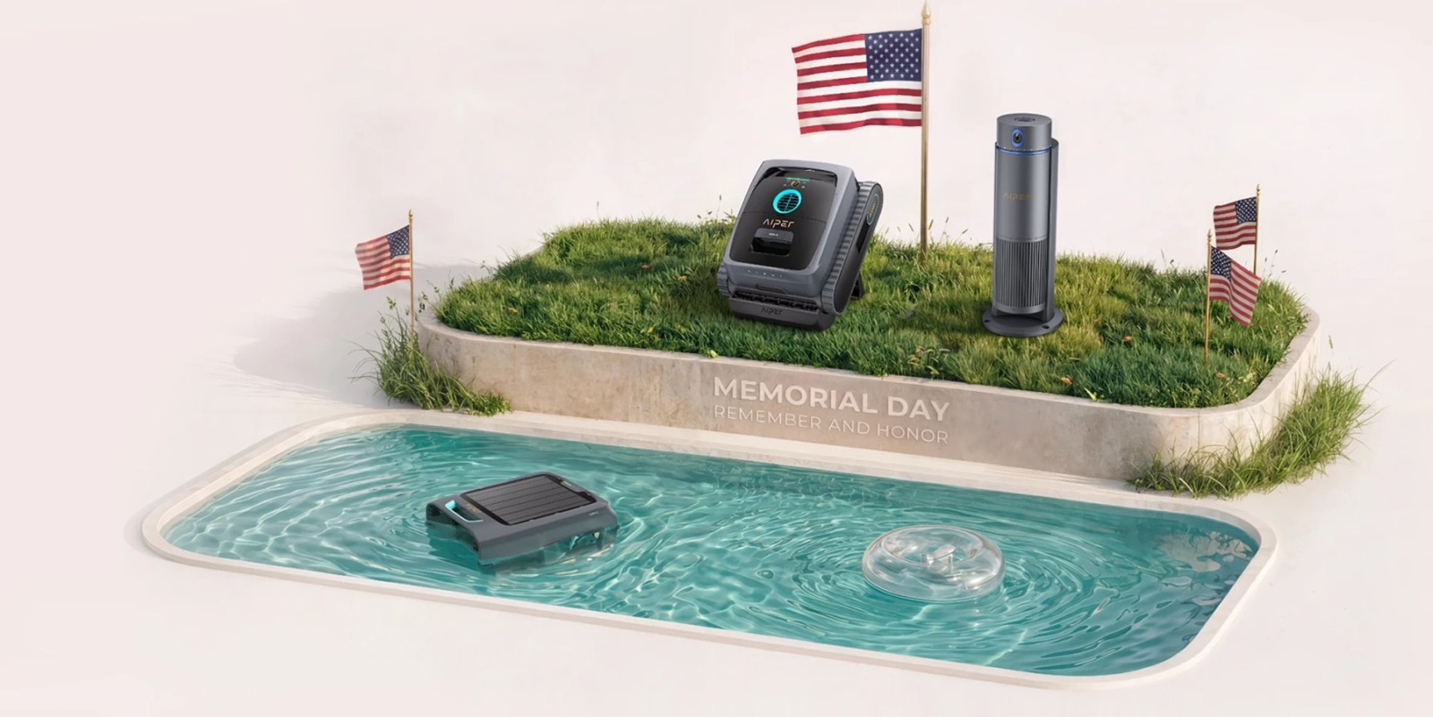 A pool with a lawn and a machine in it