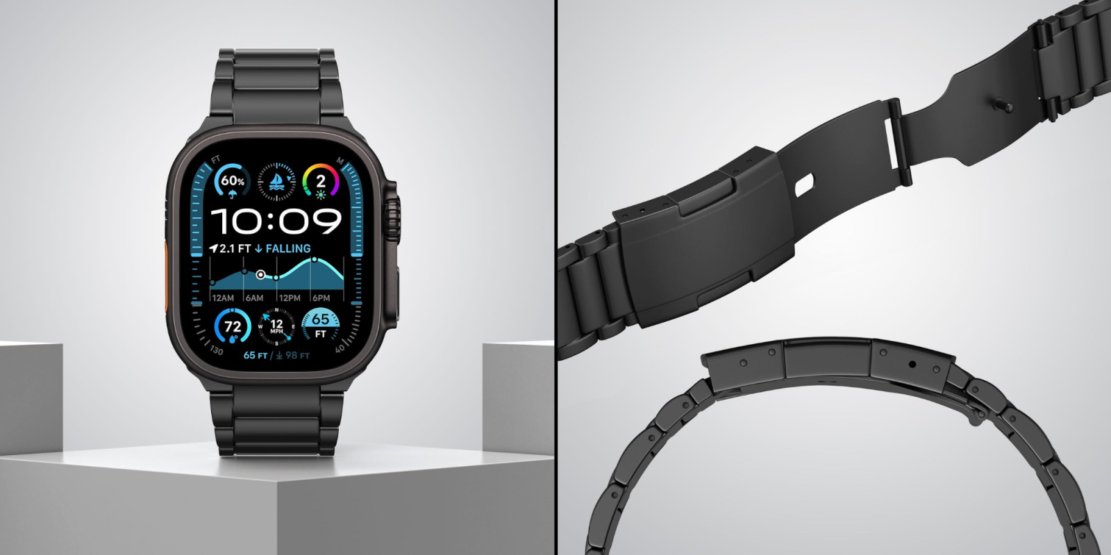 A smart watch with a black band