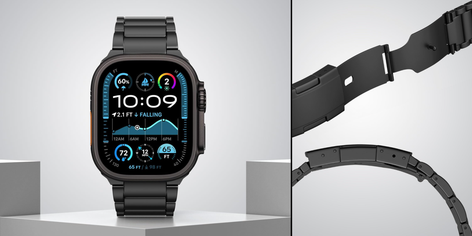 A smart watch on a white shelf