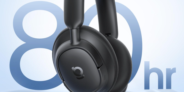A black headphones on a blue and white background