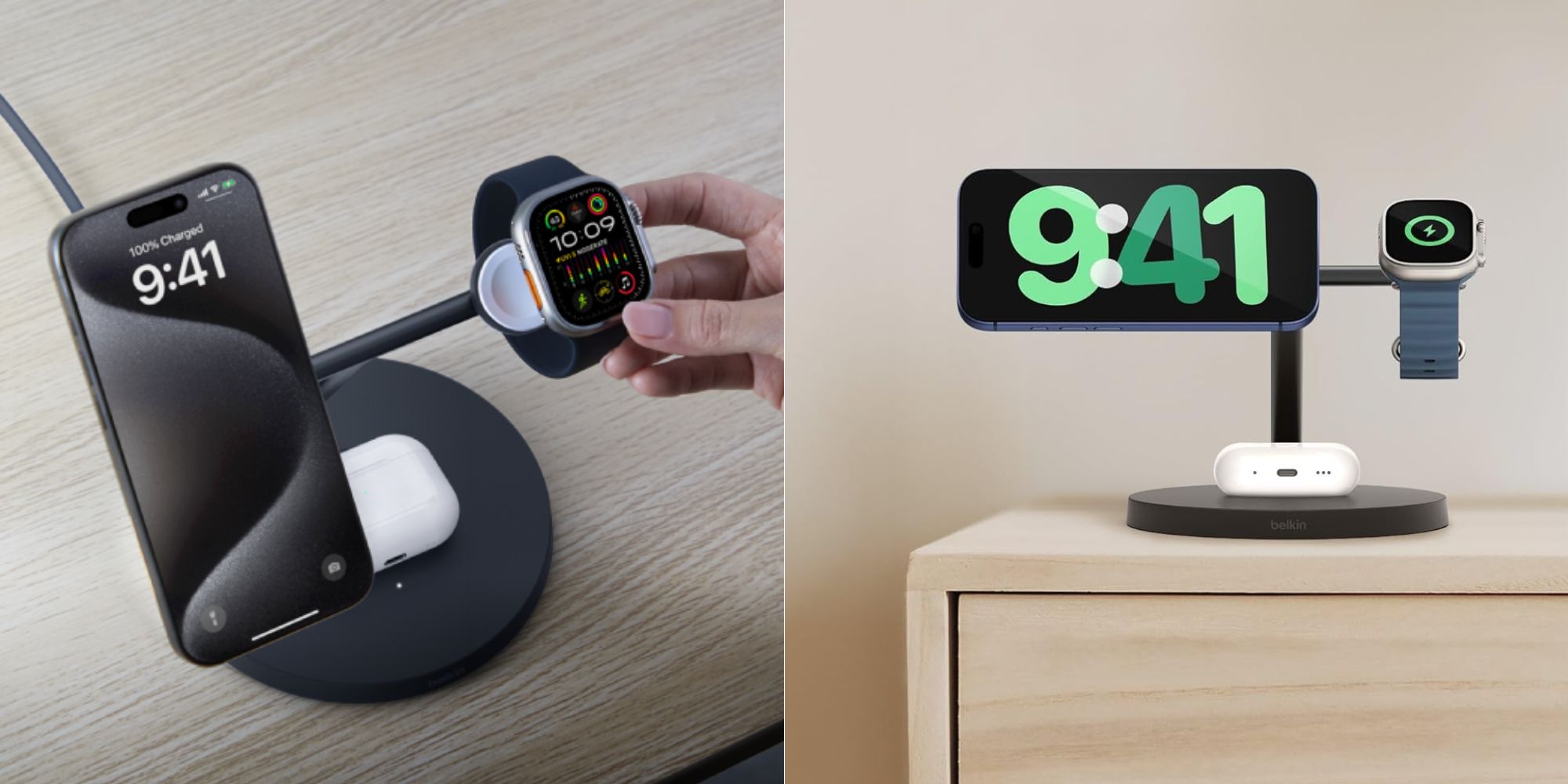 A smart watch charging on a charging stand