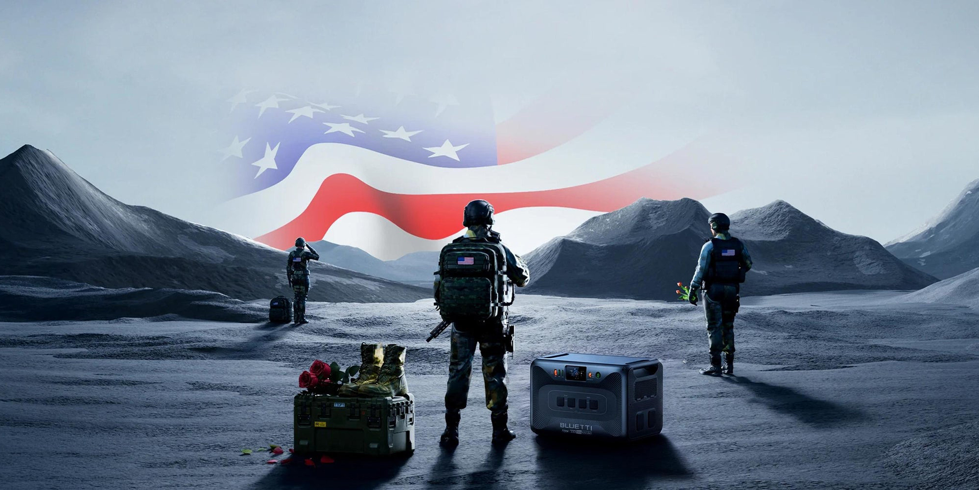 A group of soldiers standing in front of a flag