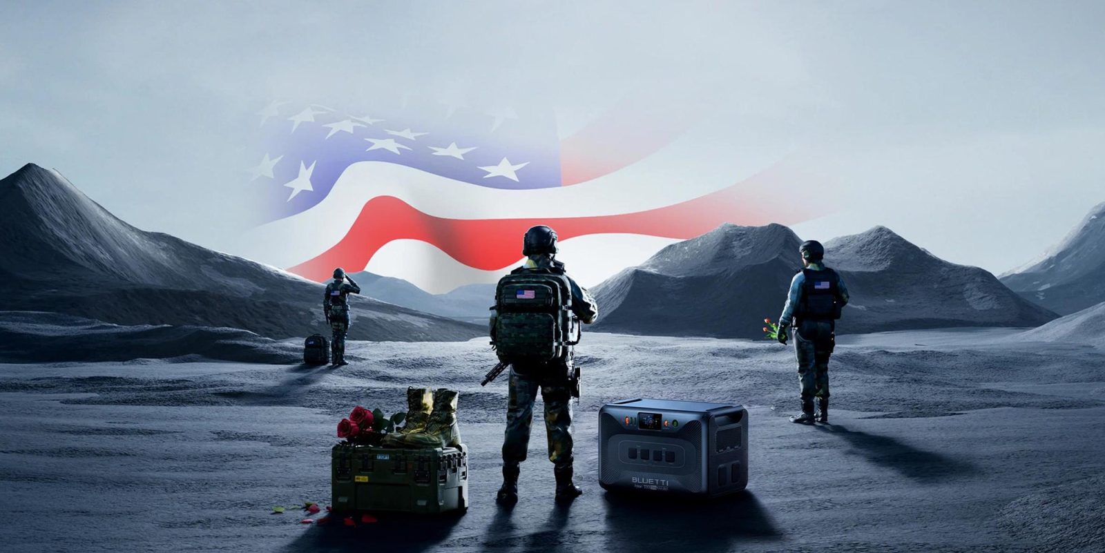 A group of soldiers standing in front of a flag