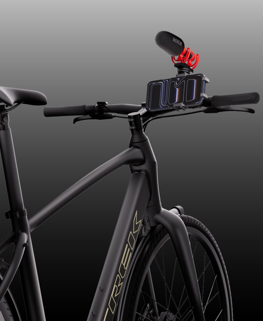 A black bicycle with a microphone
