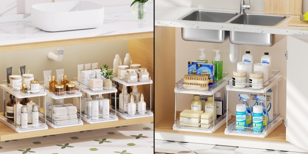 A bathroom sink with a sink and a shelf with different items