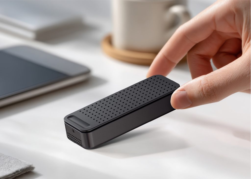 A hand holding a black rectangular object